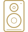 Illustration of a speaker with two circular drivers in a simple design.