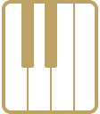 Icon of piano keys in a minimalist design with a gold outline on a black background.