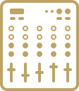 Graphic equalizer icon featuring sliders and knobs in a simple design.