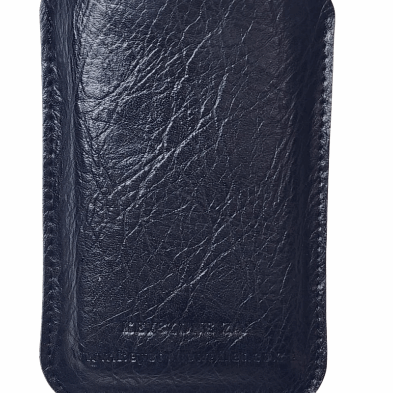 Black leather wallet with a textured surface and stitched edges.