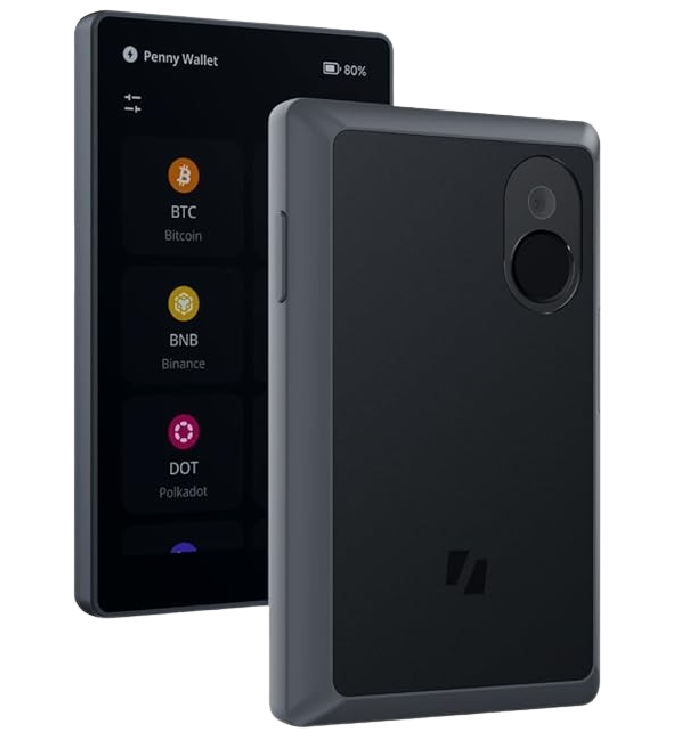 Keystone Wallet device showing a black exterior with a digital screen displaying cryptocurrency options.