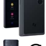 Keystone Wallet featuring a display screen and a black protective case with a leather wallet below.