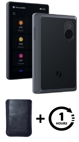 Keystone Wallet featuring a display screen and a black protective case with a leather wallet below.