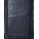 Black leather wallet with embossed text on the front surface.
