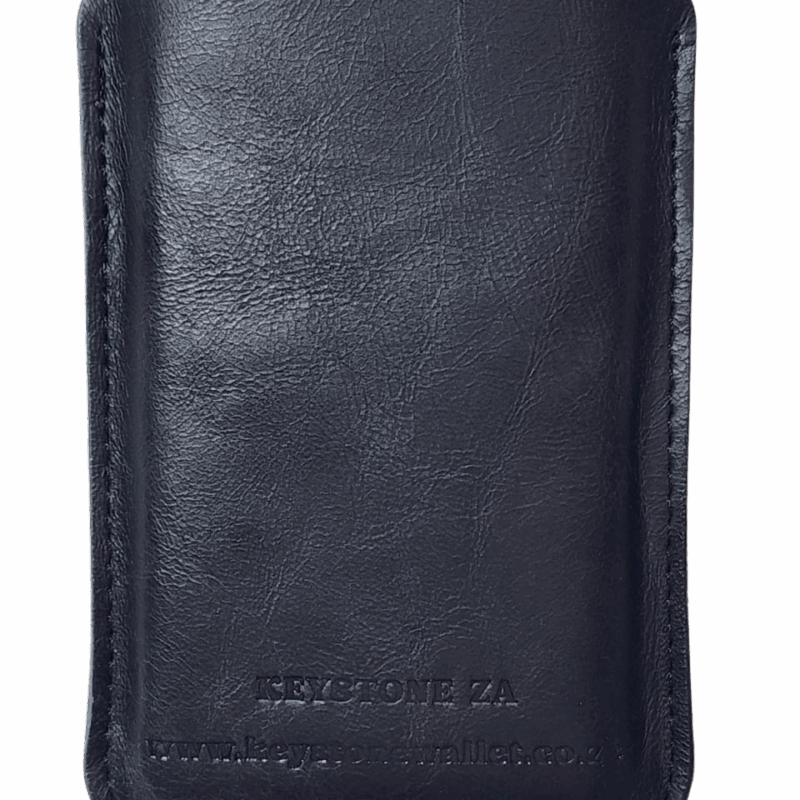 Black leather wallet with embossed text on the front surface.